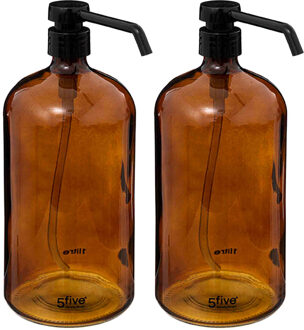 5five Zeeppompje/zeepdispenser van glas - 2x - bruin - 1 liter