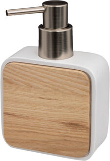 5five Zeeppompje/zeepdispenser - wit - 10 x 15 cm - 200 ml - bamboe/kunststeen - badkamer hygiene