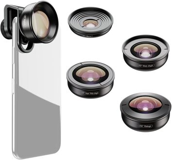5in1 Hd Mobiele Telefoon Lens Set-2x Telelens 195 ° Fisheye 110 ° Groothoek 170 ° Super groothoek 10x Macro Lens Voor Iphone