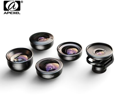 5in1 Hd Mobiele Telefoon Lens Set Fisheye 110 ° Groothoek 170 ° Super Groothoek 10x Macro-2x telelens 195 ° Lens Voor Iphone