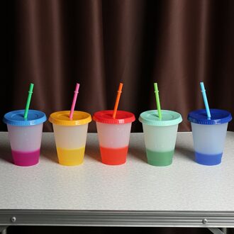 5Pcs 16Oz 24Oz Kleurrijke Colour Changing Stro Cup Plastic Tumbler Koffiekopje Met Deksel Hoge Capaciteit koude Cup 473ml