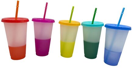 5Pcs 16Oz 24Oz Kleurrijke Colour Changing Stro Cup Plastic Tumbler Koffiekopje Met Deksel Hoge Capaciteit koude Cup 700ml