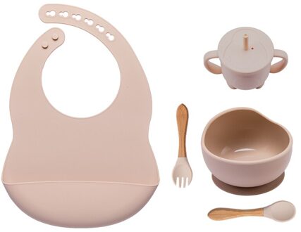 5Pcs/1Set Siliconen Gerechten Babyvoeding Kom Set Baby Leren Zuig Kom Cup Set Houten Vork Lepel antislip Voor Baby 'S Bib 5stk Beige