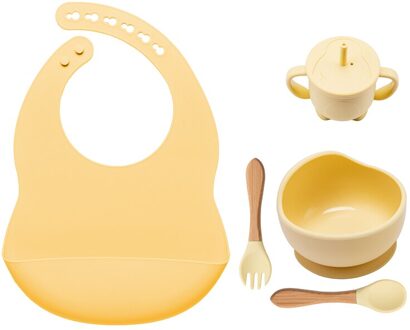 5Pcs/1Set Siliconen Gerechten Babyvoeding Kom Set Baby Leren Zuig Kom Cup Set Houten Vork Lepel antislip Voor Baby 'S Bib 5stk geel