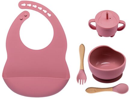 5Pcs/1Set Siliconen Gerechten Babyvoeding Kom Set Baby Leren Zuig Kom Cup Set Houten Vork Lepel antislip Voor Baby 'S Bib 5stk leer rood