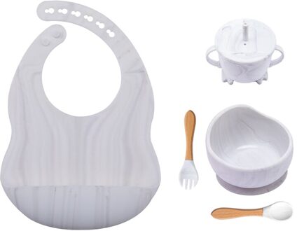 5Pcs/1Set Siliconen Gerechten Babyvoeding Kom Set Baby Leren Zuig Kom Cup Set Houten Vork Lepel antislip Voor Baby 'S Bib 5stk Marble