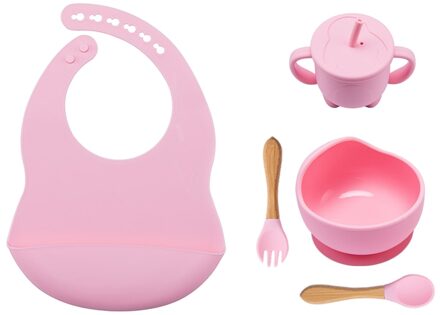 5Pcs/1Set Siliconen Gerechten Babyvoeding Kom Set Baby Leren Zuig Kom Cup Set Houten Vork Lepel antislip Voor Baby 'S Bib 5stk roze