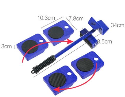 5Pcs 360 Graden Meubilair Mover Gereedschap Vervoer Lifter Zware Voeders Moving 4 Wielen Roller Universele Katrol Met 1 Bar blauw