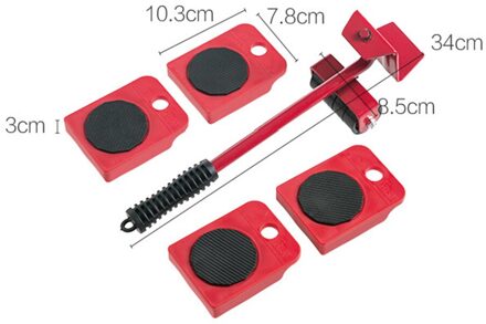 5Pcs 360 Graden Meubilair Mover Gereedschap Vervoer Lifter Zware Voeders Moving 4 Wielen Roller Universele Katrol Met 1 Bar rood