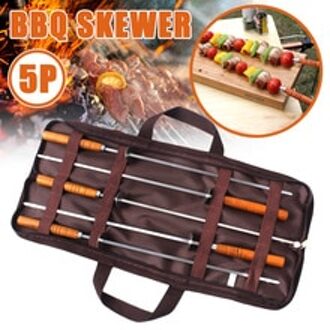 5Pcs Bbq Spies Rvs Shish Kebab Bbq Vork Set Lange Platte Houten Handvat Barbecue Naald Vlees Grill Outdoor gereedschap