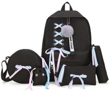 5Pcs Canvas Rugzak Lint Handtas Schouder Tasje Etui Set zwart