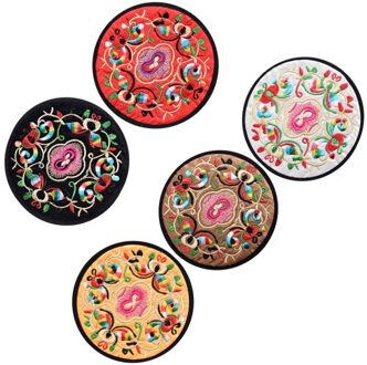 5Pcs Chinese Borduurwerk Cup Mat Ronde Praktische Onderzetters Nuttig Warmte Isolatie Pad Voor Thuis Keuken (Rood + Wit + Geel + Bla afbeelding 1