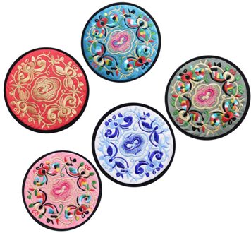 5Pcs Chinese Borduurwerk Cup Mat Ronde Praktische Onderzetters Nuttig Warmte Isolatie Pad Voor Thuis Keuken (Rood + Wit + Geel + Bla afbeelding 3