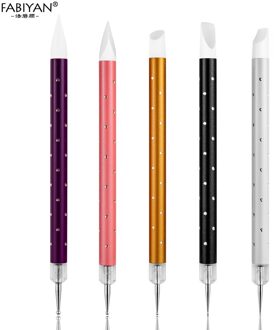5Pcs Dual-Ended Nail Art Borstel Siliconen Puntjes Pen Sculptuur Carving Vormgeven Schilderij Acryl Picking Rhinestone Manicure Gereedschap