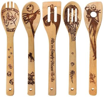5Pcs Halloween Print Houten Lepels Halloween Disigner Gebruiksvoorwerp Verbrand Set Huishouden Keuken Bestek Set D3