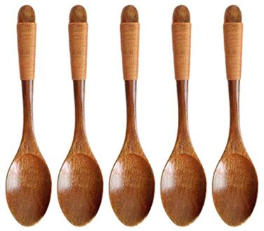 5Pcs Houten Lepel Dessertlepel Kinderen Mini Lepel Draagbare Servies Voor Thuis Restaurant (Zwart Touw Lijn 14Cm) bruin lijn 14cm