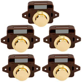 5Pcs Keyless Push Button Catch Door Knob Lock for RV Caravan Cabinet Boat Motor Home Cupboard, Brown Gold