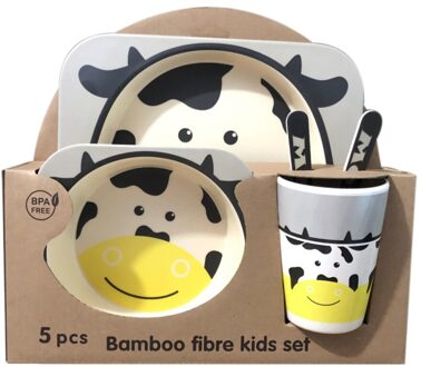 5Pcs Lepel Kindje Servies Set Plaat Kom Outdoor Bamboevezel Servies Picknick Leuke Cartoon Vorken Cup Kids Gerecht Draagbare zwart koe