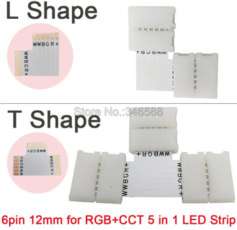 5pcs/lot 12mm 6PIN 6 Pin RGB+CCT L Shape or T shape No Soldering Easy Connector For RGB CCT LED Strip 6 PIN Connector