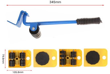 5Pcs Meubels Lifter Sliders Kit Beroep Zware Meubels Roller Bewegen Tool Set Wiel Bar Mover Apparaat Max Up Voor 100Kg/220Lbs zwart en geel