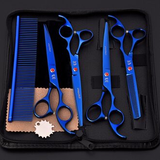 5Pcs Rvs Honden Grooming Schaar Kat Haar Dunner Shear Scherpe Rand Schaar Voor Honden Dier Kapper Snijden tool Blauw