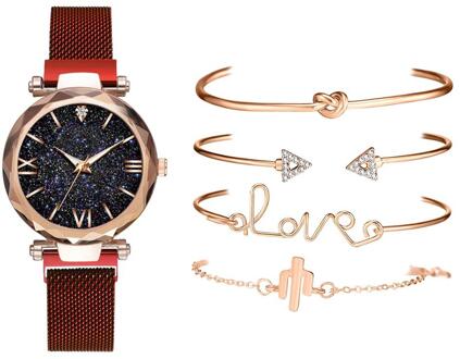 5Pcs Set Luxe Vrouwen Horloges Magnetische Sterrenhemel Vrouwelijke Klok Quartz Horloge Dames Polshorloge Relogio Feminino rood 5stk reeks