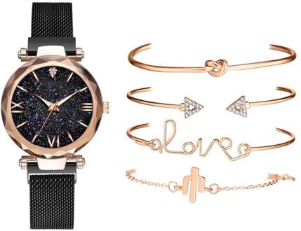 5Pcs Set Luxe Vrouwen Horloges Magnetische Sterrenhemel Vrouwelijke Klok Quartz Horloge Dames Polshorloge Relogio Feminino zwart 5stk reeks