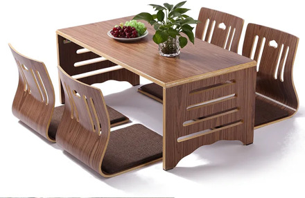 5pcs/set Modern Japanese Style Dining Table and Chair Asian Floor Low Solid Wood Table Legs Foldable Dining Room Set Zaisu Chair