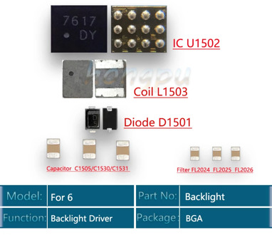5set/lot (50pcs) Back light Driver IC For iphone 6 Backlight Kit IC U1502+Coil L1503 +diode D1501 +Capacitor C1530 Filter FL2024