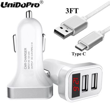 5V 2.1A Dual Usb Car Charger Voor Alcatel Idol 5 , Pulsemix, Idool 5S, A50, flash ) Smart Opladen Adapter Met Led Scherm met type C kabel