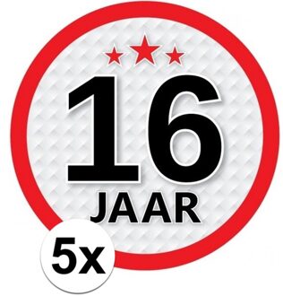 5x 16 Jaar leeftijd stickers rond 15 cm - 16 jaar verjaardag/jubileum versiering 5 stuks