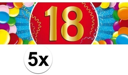 5x 18 Jaar leeftijd stickers 19 x 6 cm - 18 jaar verjaardag/jubileum versiering 5 stuks