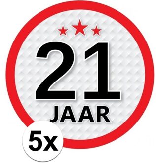 5x 21 Jaar leeftijd stickers rond 15 cm - 21 jaar verjaardag/jubileum versiering 5 stuks