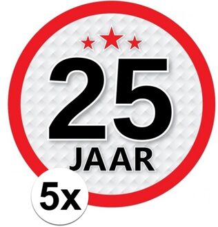 5x 25 Jaar leeftijd stickers rond 15 cm - 25 jaar verjaardag/jubileum versiering 5 stuks