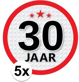 5x 30 Jaar leeftijd stickers rond 15 cm - 30 jaar verjaardag/jubileum versiering 5 stuks