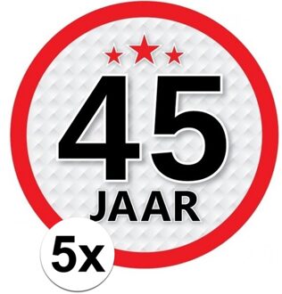 5x 45 Jaar leeftijd stickers rond 15 cm - 45 jaar verjaardag/jubileum versiering 5 stuks