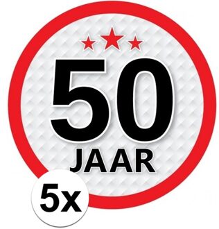 5x 50 Jaar leeftijd stickers rond 15 cm - 50 jaar verjaardag/jubileum versiering 5 stuks