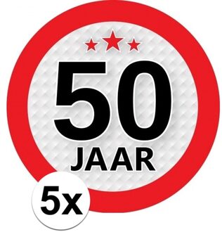 5x 50 Jaar leeftijd stickers rond 9 cm - 50 jaar verjaardag/jubileum versiering