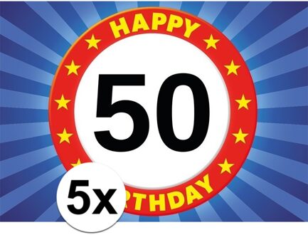 5x 50 jaar leeftijd stickers verkeersbord 7,5 x 10,5 cm - 50 jaar verjaardag/jubileum versiering