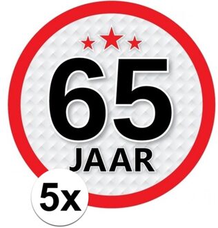 5x 65 Jaar leeftijd stickers rond 15 cm - 65 jaar verjaardag/jubileum versiering 5 stuks