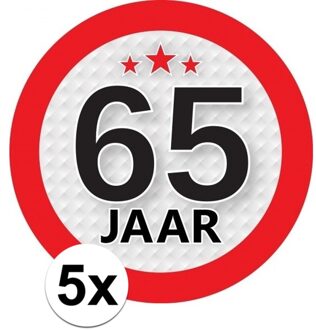 5x 65 Jaar leeftijd stickers rond 9 cm - 65 jaar verjaardag/jubileum versiering