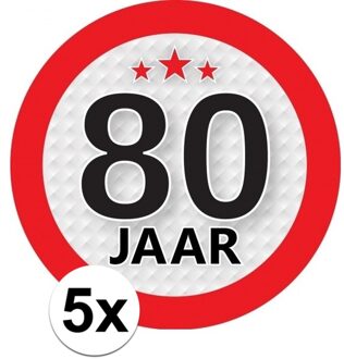 5x 80 Jaar leeftijd stickers rond 9 cm - 80 jaar verjaardag/jubileum versiering