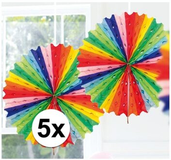 5x Decoratie waaier regenboog kleuren 45 cm