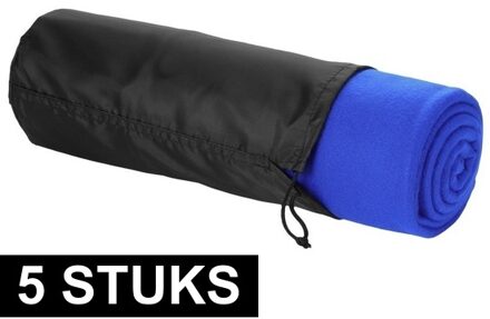 5x Fleece deken kobalt blauw 150 x 120 cm - reisdeken met tasje