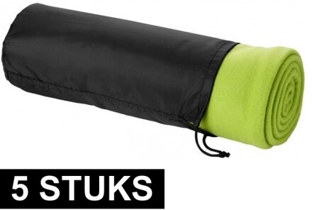 5x Fleece deken lime groen 150 x 120 cm - reisdeken met tasje