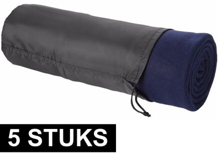 5x Fleece deken navy 150 x 120 cm - reisdeken met tasje