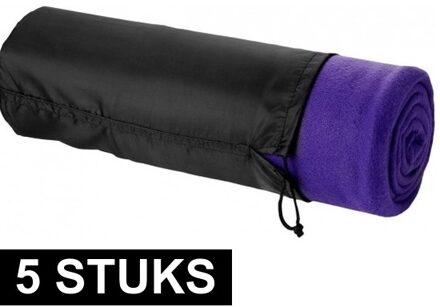 5x Fleece deken paars 150 x 120 cm - reisdeken met tasje