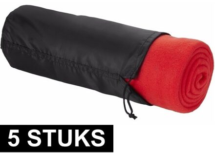 5x Fleece deken rood 150 x 120 cm - reisdeken met tasje