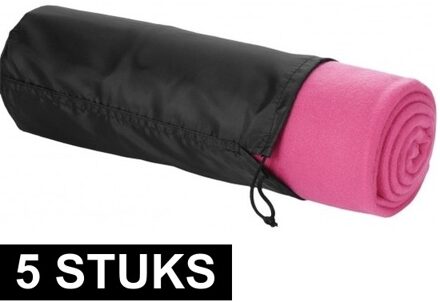 5x Fleece deken roze 150 x 120 cm - reisdeken met tasje