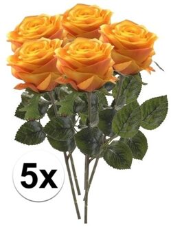 5x Geel/oranje rozen Simone kunstbloemen 45 cm - Kunstbloemen